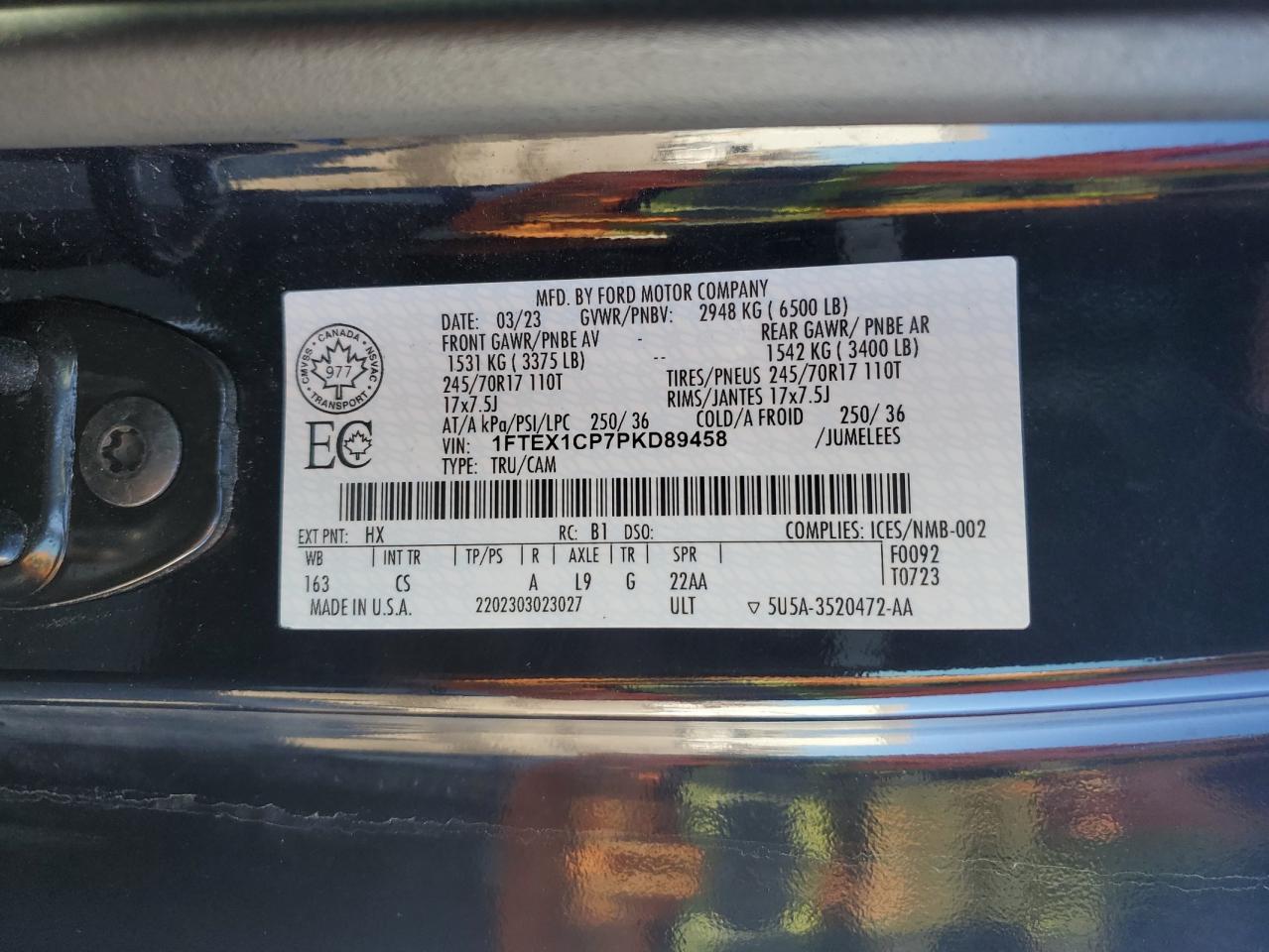 2023 Ford F150 Super Cab VIN: 1FTEX1CP7PKD89458 Lot: 84196215