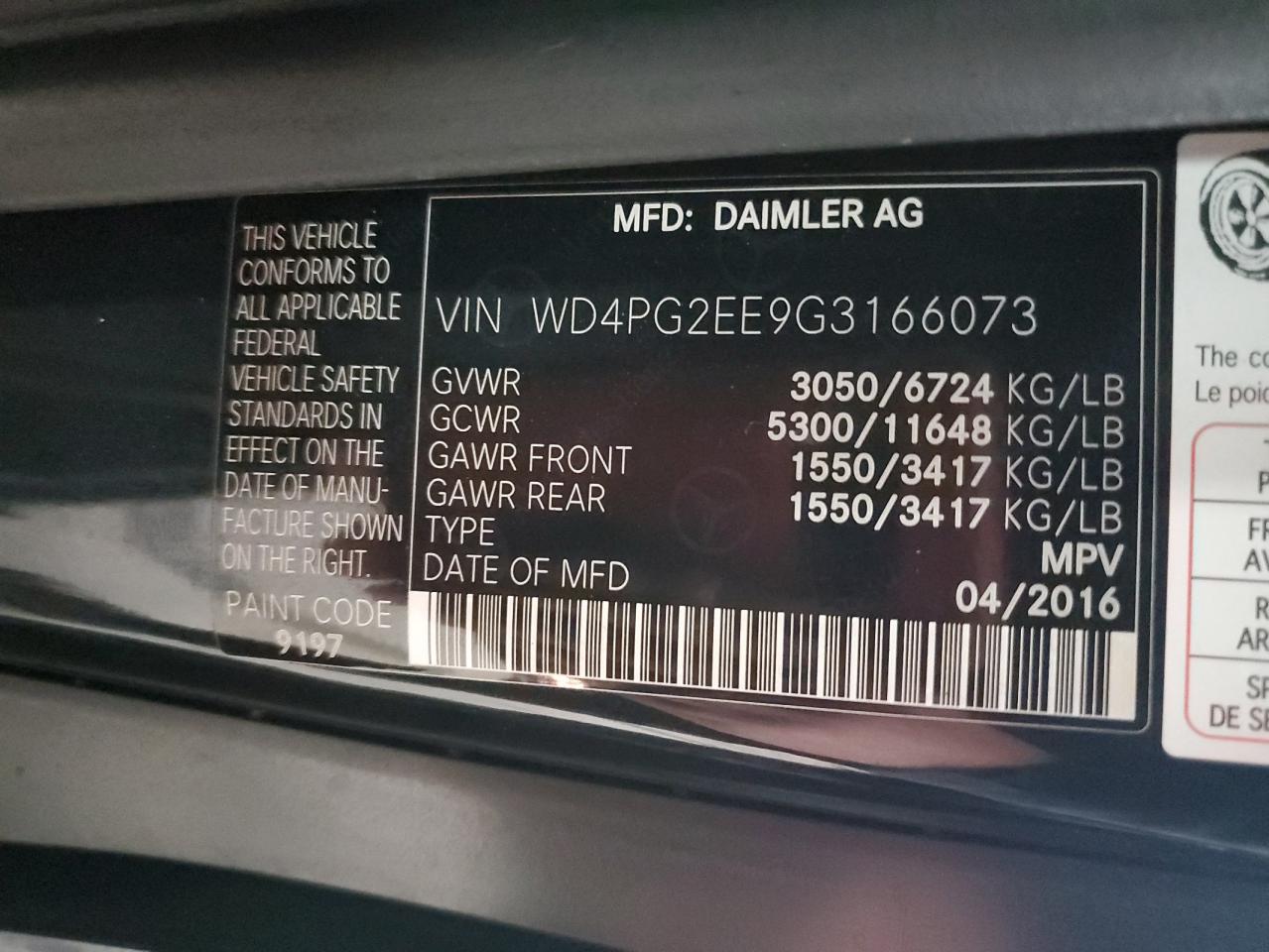 2016 Mercedes-Benz Metris VIN: WD4PG2EE9G3166073 Lot: 86763125