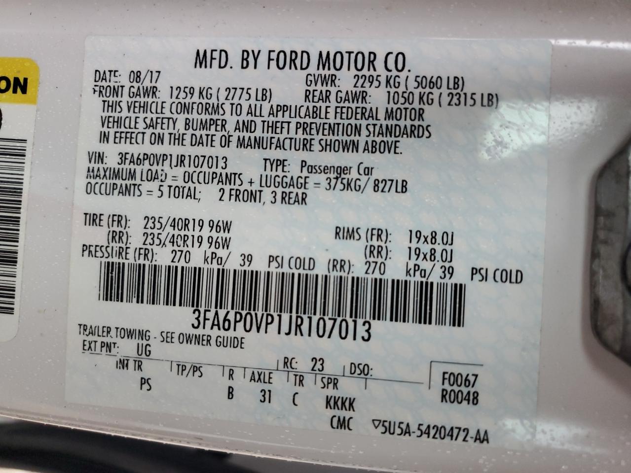 2018 Ford Fusion Sport VIN: 3FA6P0VP1JR107013 Lot: 90671785