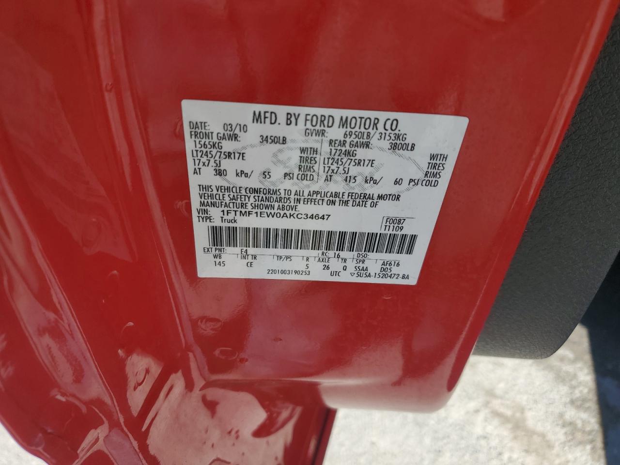 2010 Ford F150 VIN: 1FTMF1EW0AKC34647 Lot: 87439115