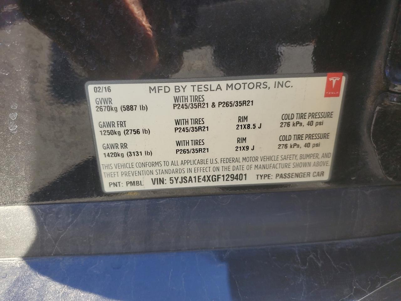 2016 Tesla Model S VIN: 5YJSA1E4XGF129401 Lot: 85377225