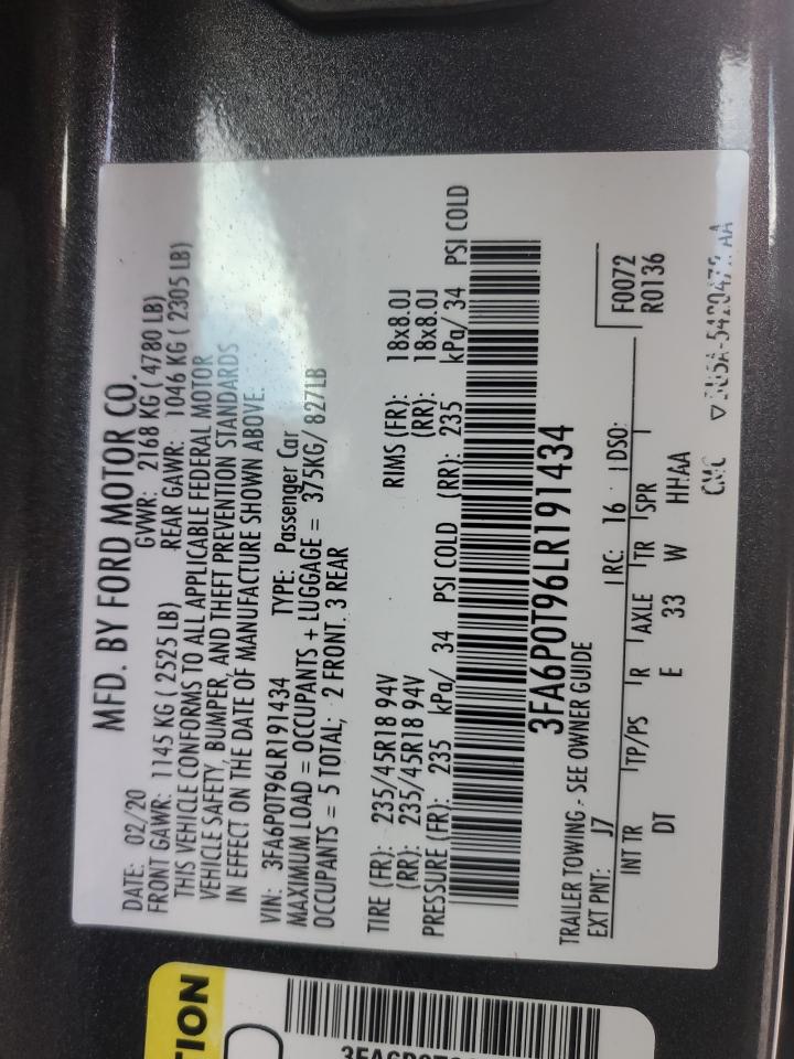 2020 Ford Fusion Se VIN: 3FA6P0T96LR191434 Lot: 84210385