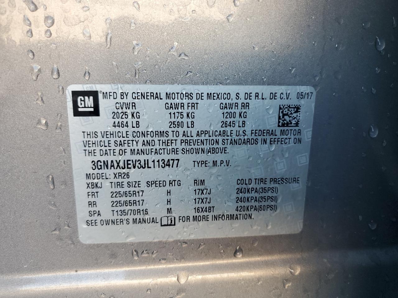 2018 Chevrolet Equinox Lt VIN: 3GNAXJEV3JL113477 Lot: 86112645