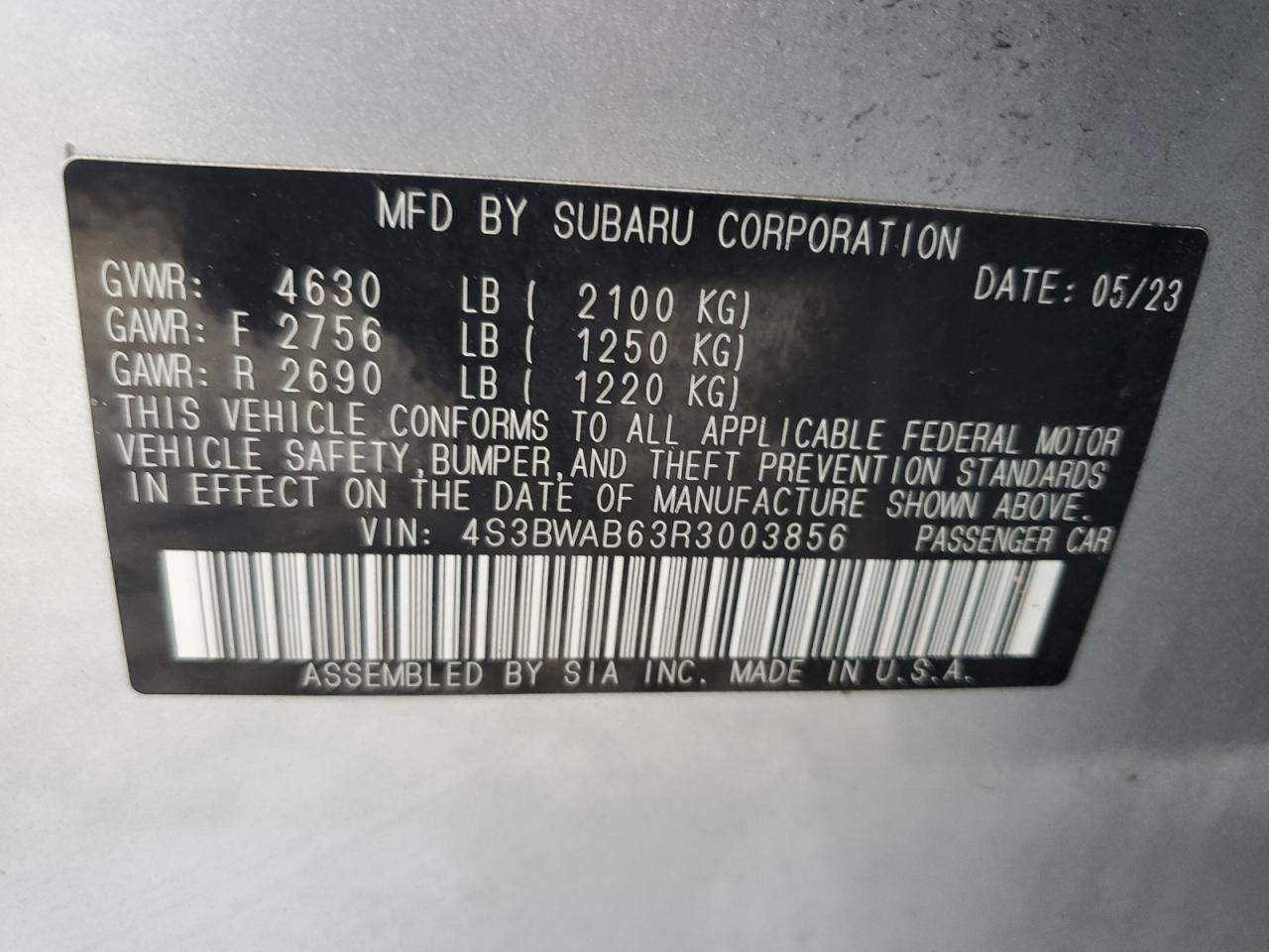 2024 Subaru Legacy VIN: 4S3BWAB63R3003856 Lot: 84901325