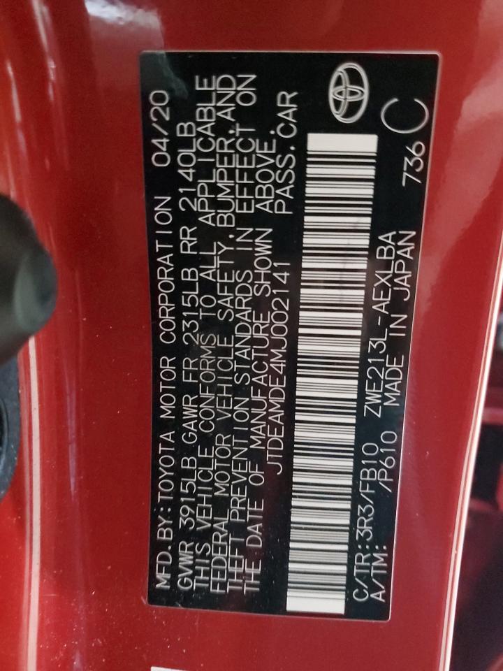 2021 Toyota Corolla Le VIN: JTDEAMDE4MJ002141 Lot: 85541505