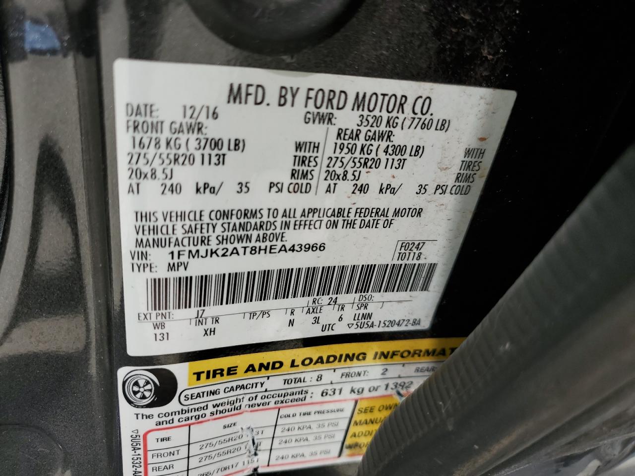 2017 Ford Expedition El Limited VIN: 1FMJK2AT8HEA43966 Lot: 84711615