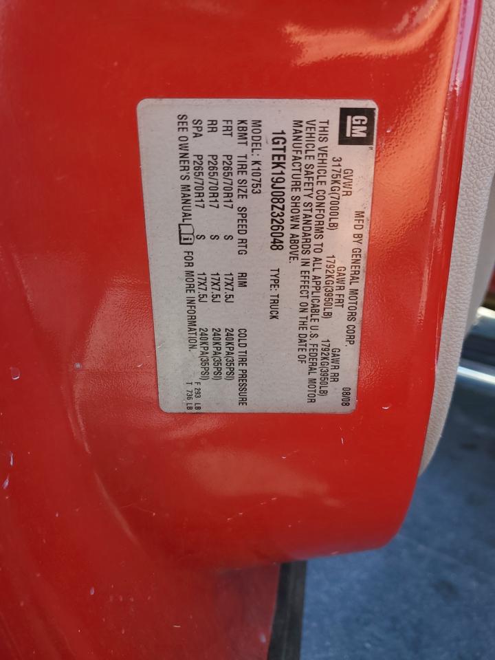 2008 GMC Sierra K1500 VIN: 1GTEK19J08Z326048 Lot: 84465195