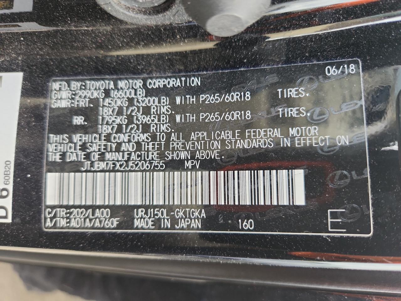 2018 Lexus Gx 460 VIN: JTJBM7FX2J5206755 Lot: 82307125