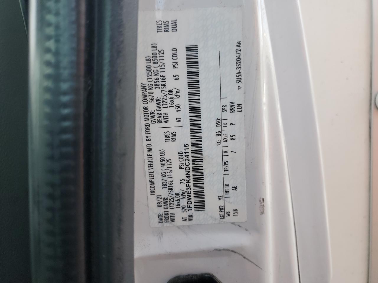 2022 Ford Econoline E350 Super Duty Cutaway Van VIN: 1FDWE3FK4NDC24115 Lot: 86824235