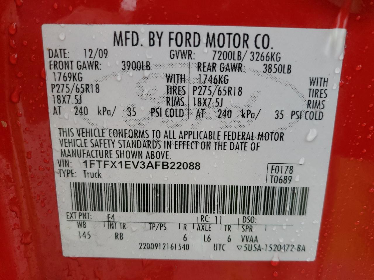 2010 Ford F150 Super Cab VIN: 1FTFX1EV3AFB22088 Lot: 85507885