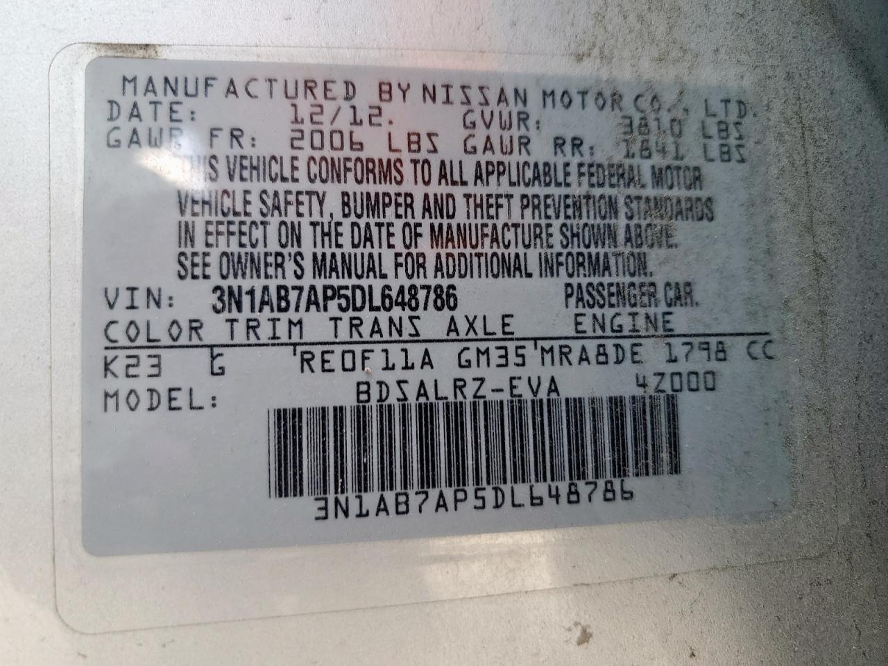 2013 Nissan Sentra S VIN: 3N1AB7AP5DL648786 Lot: 84719275