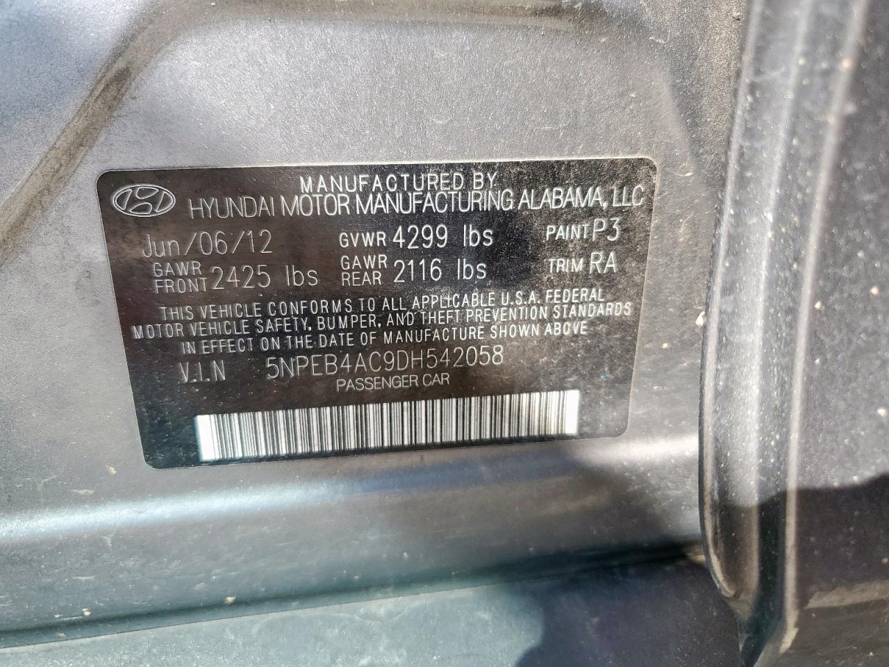 2013 Hyundai Sonata Gls VIN: 5NPEB4AC9DH542058 Lot: 85319695