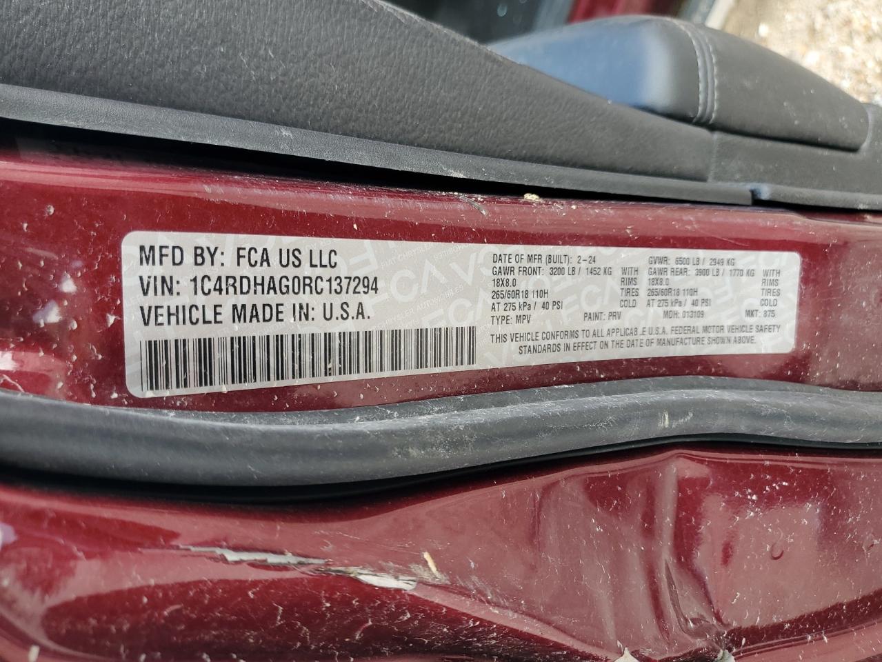 2024 Dodge Durango Sxt VIN: 1C4RDHAG0RC137294 Lot: 82768895