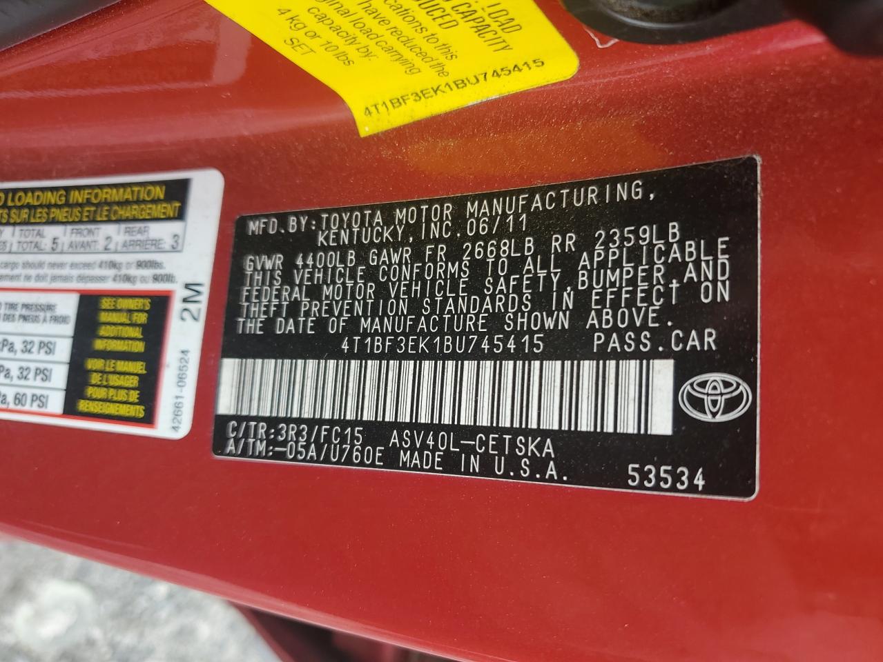 2011 Toyota Camry Base VIN: 4T1BF3EK1BU745415 Lot: 85185665