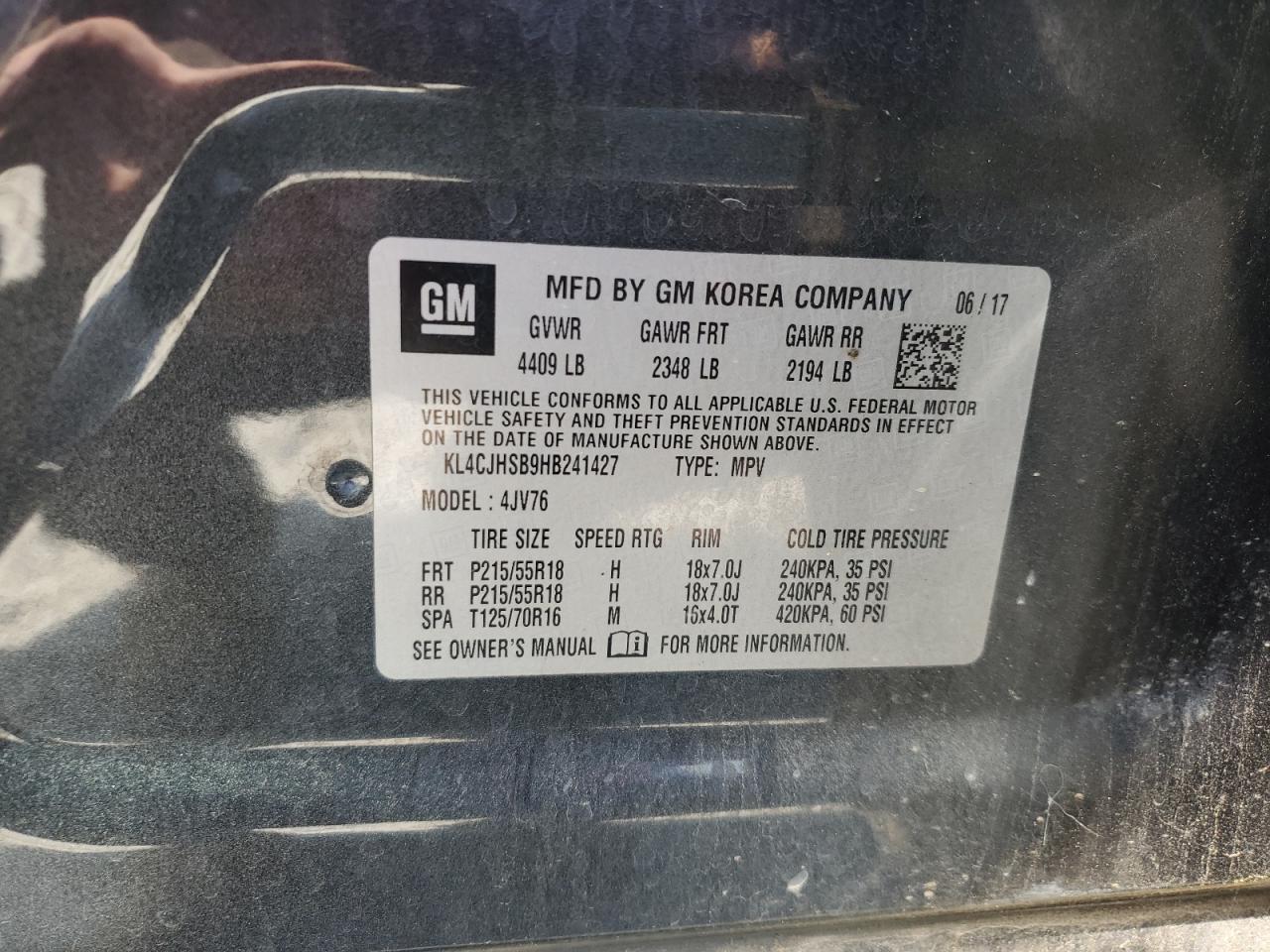 2017 Buick Encore Premium VIN: KL4CJHSB9HB241427 Lot: 85725945