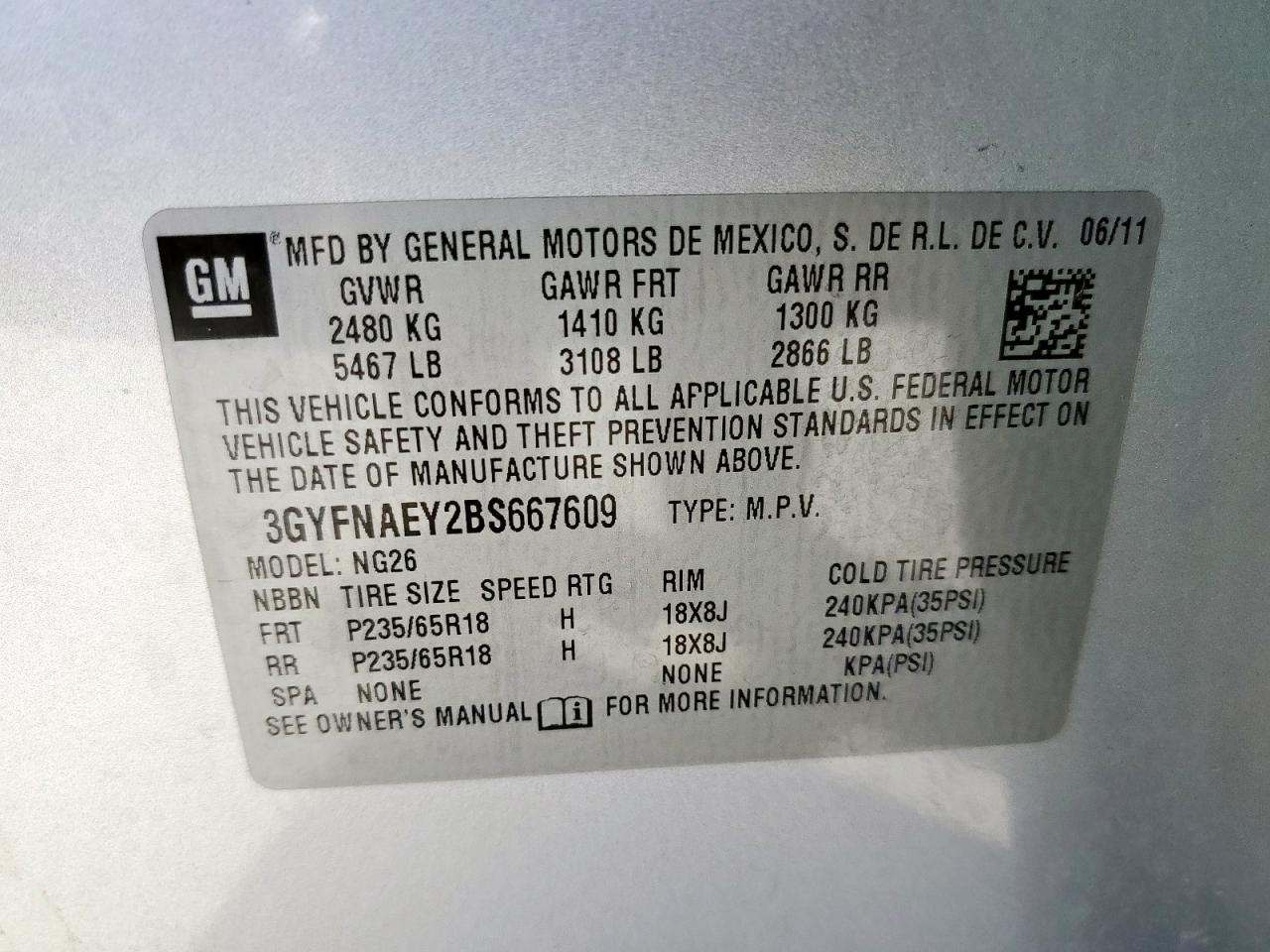 2011 Cadillac Srx Luxury Collection VIN: 3GYFNAEY2BS667609 Lot: 86087145