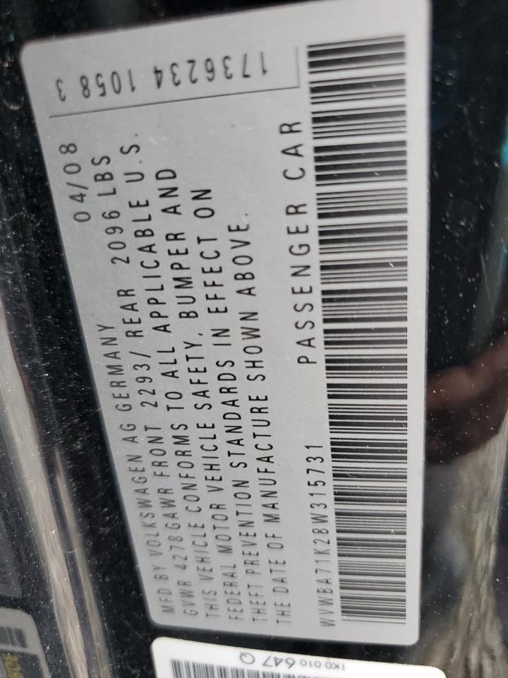 2008 Volkswagen Rabbit VIN: WVWBA71K28W315731 Lot: 86148595