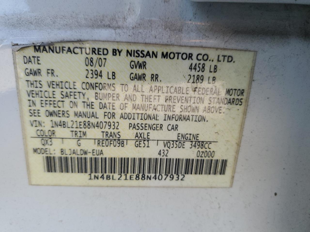 2008 Nissan Altima 3.5Se VIN: 1N4BL21E88N407932 Lot: 84577605