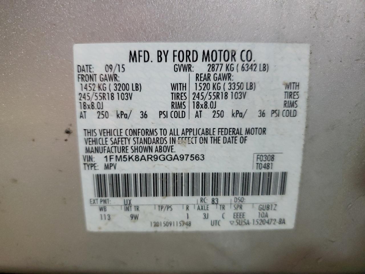 2016 Ford Explorer Police Interceptor VIN: 1FM5K8AR9GGA97563 Lot: 90393715