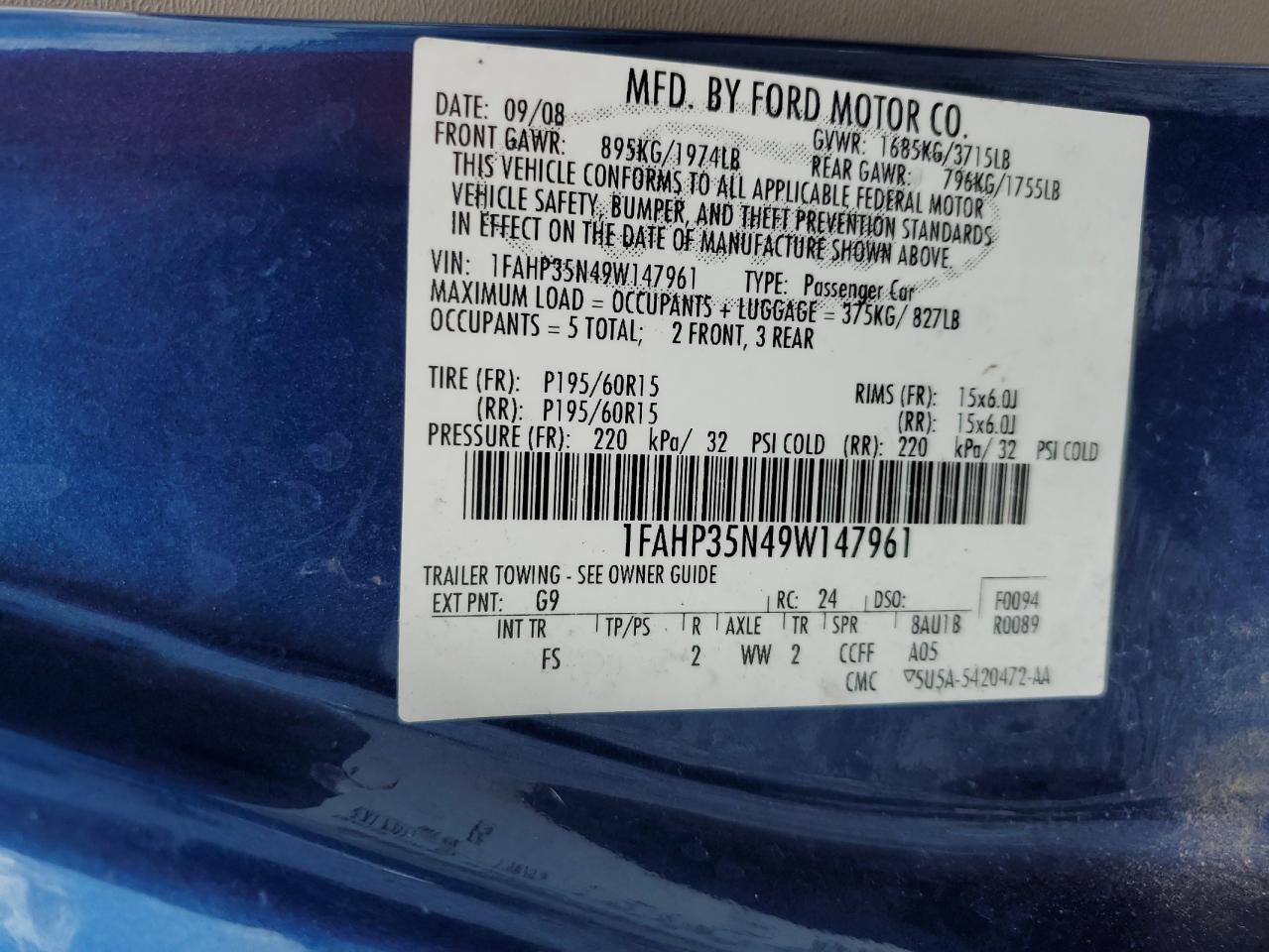 2009 Ford Focus Se VIN: 1FAHP35N49W147961 Lot: 85824805