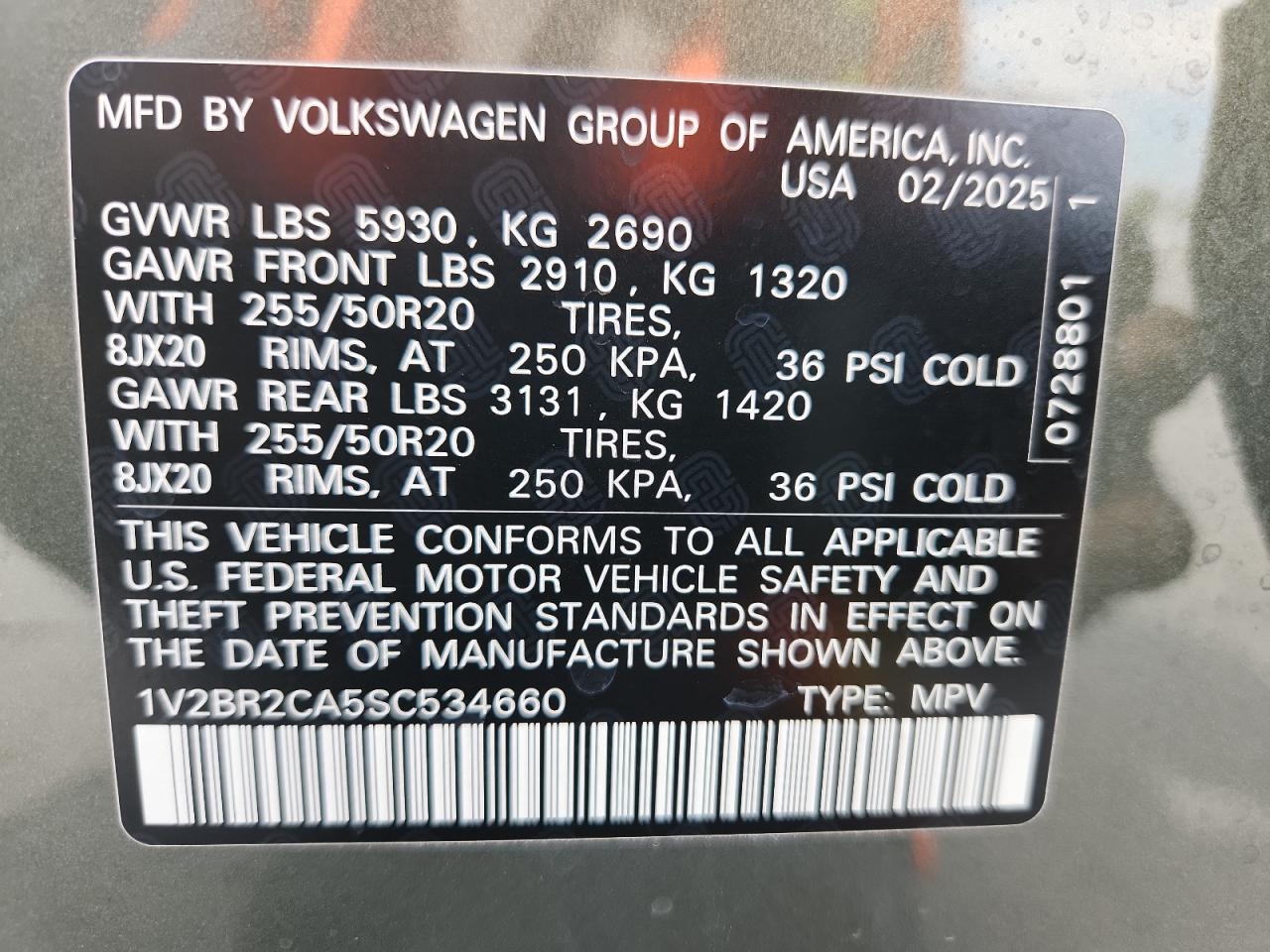 2025 Volkswagen Atlas Sel VIN: 1V2BR2CA5SC534660 Lot: 87249825