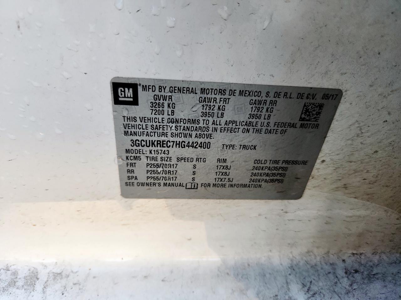 2017 Chevrolet Silverado K1500 Lt VIN: 3GCUKREC7HG442400 Lot: 85691775