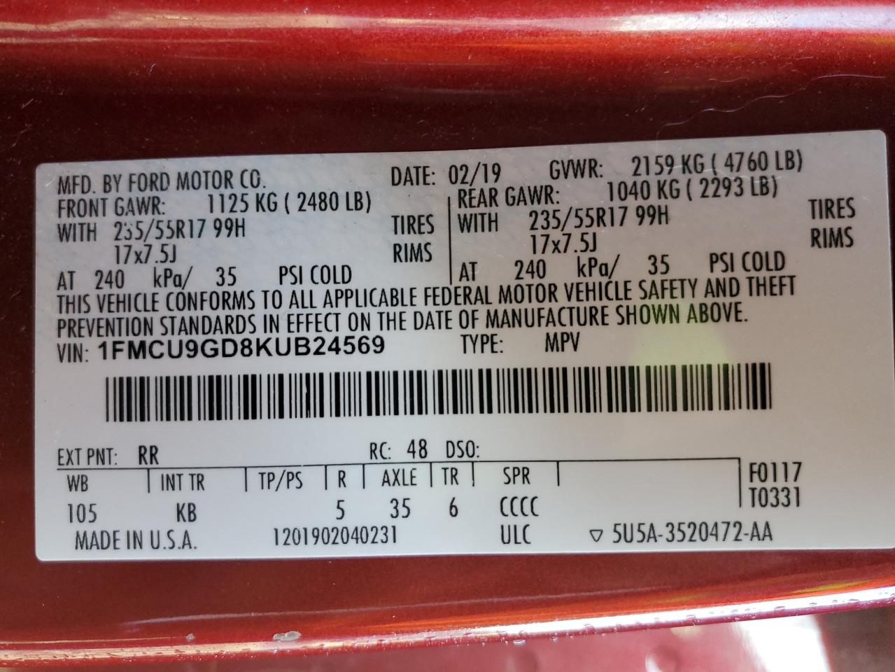 2019 Ford Escape Se VIN: 1FMCU9GD8KUB24569 Lot: 82341365