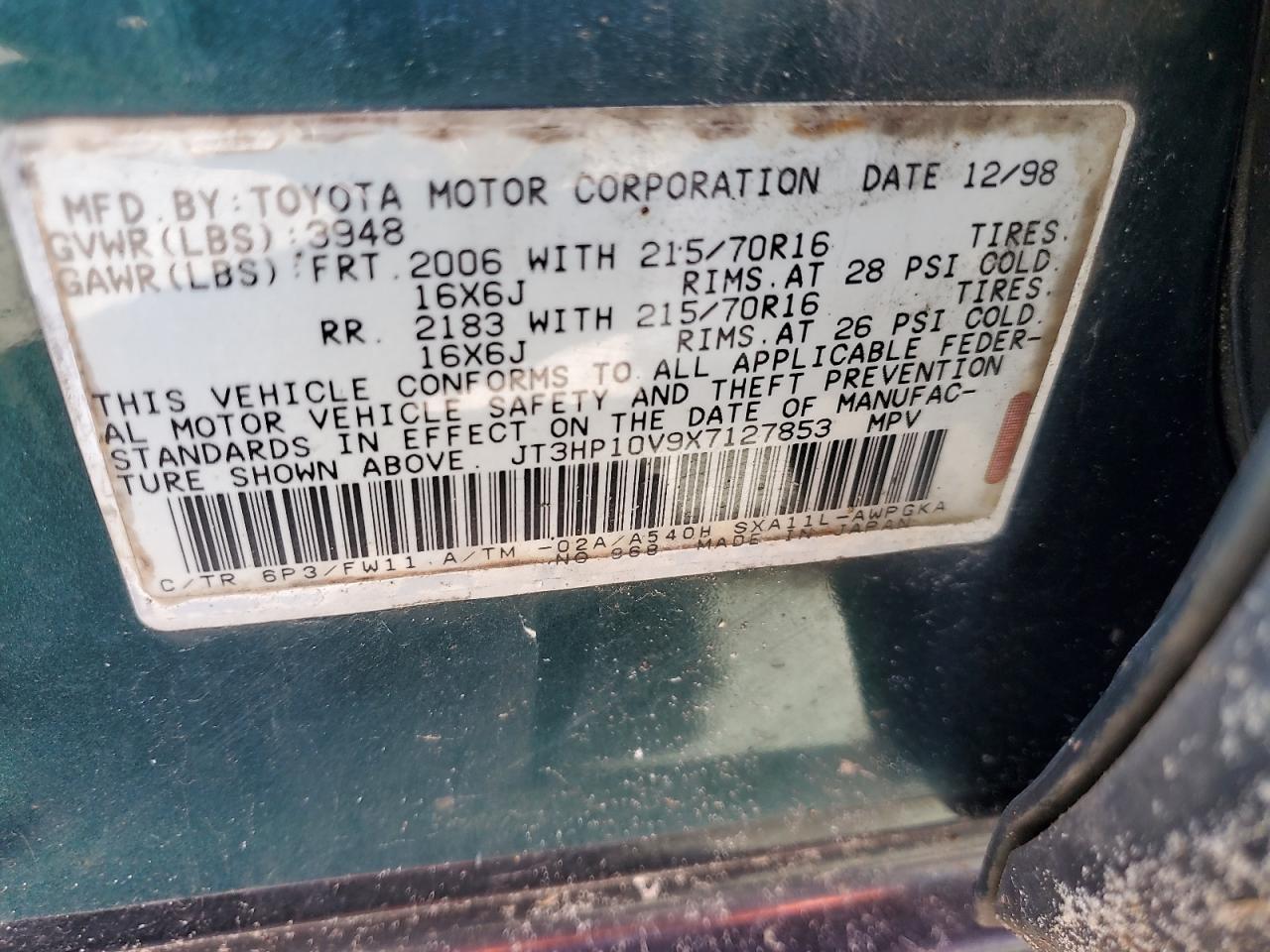 1999 Toyota Rav4 VIN: JT3HP10V9X7127853 Lot: 84972105