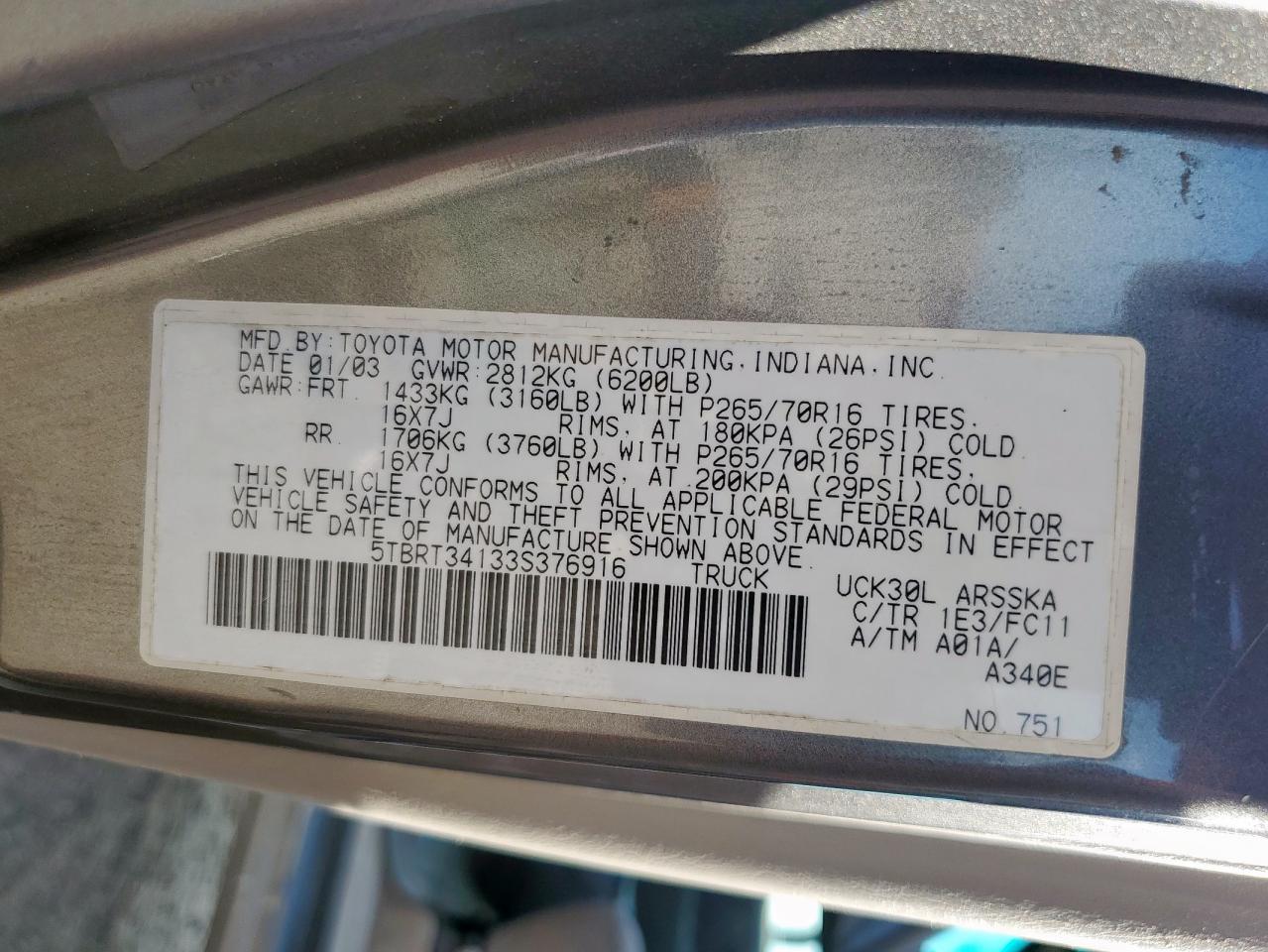 2003 Toyota Tundra Access Cab Sr5 VIN: 5TBRT34133S376916 Lot: 84566825