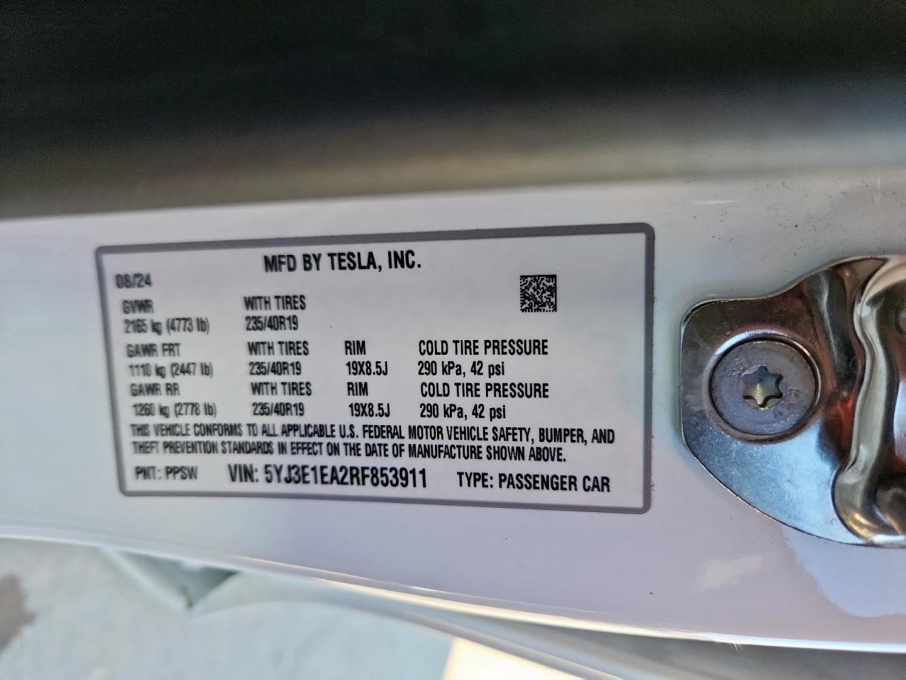 2024 Tesla Model 3 VIN: 5YJ3E1EA2RF853911 Lot: 86102205