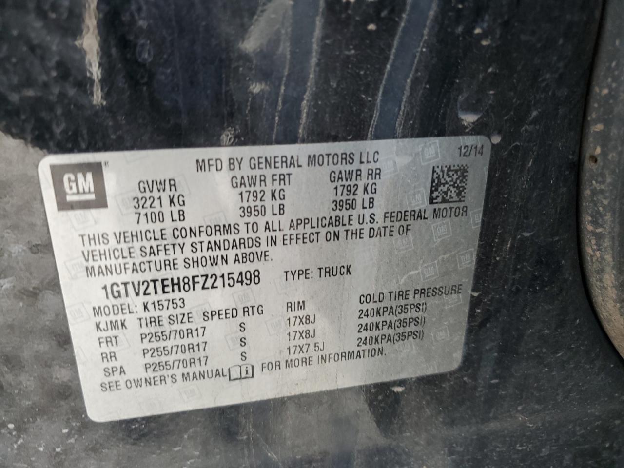 2015 GMC Sierra K1500 VIN: 1GTV2TEH8FZ215498 Lot: 82672105