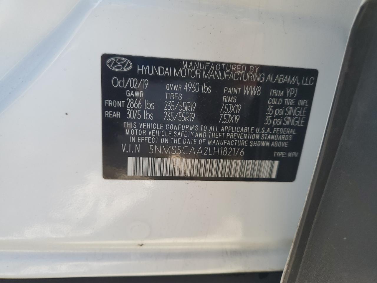 2020 Hyundai Santa Fe Limited VIN: 5NMS5CAA2LH182176 Lot: 85823775