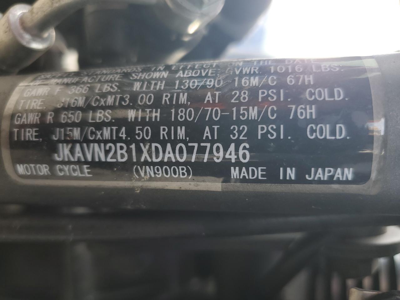 2013 Kawasaki Vn900 B VIN: JKAVN2B1XDA077946 Lot: 85673535