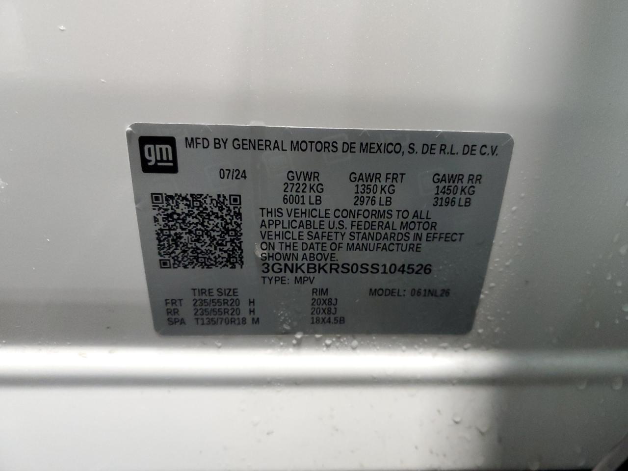 2025 Chevrolet Blazer Rs VIN: 3GNKBKRS0SS104526 Lot: 84029395