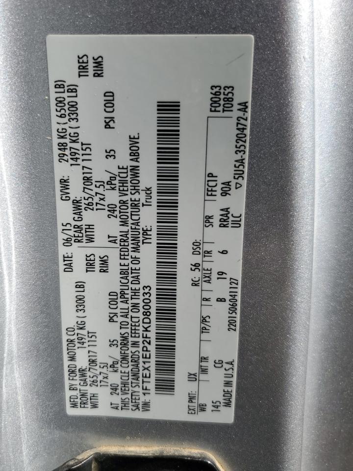 2015 Ford F150 Super Cab VIN: 1FTEX1EP2FKD80033 Lot: 85758705