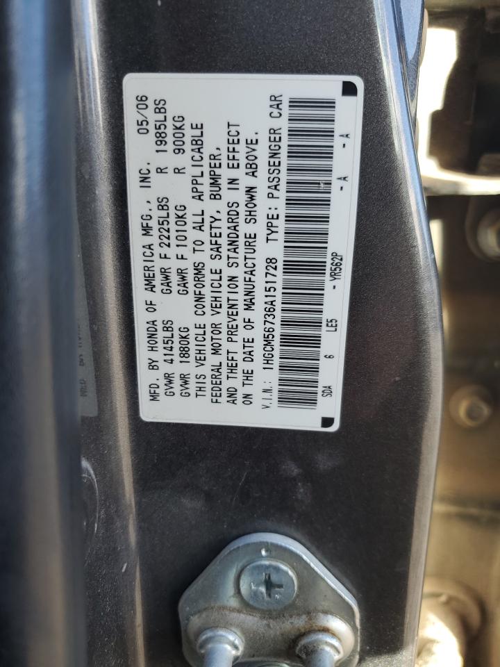 2006 Honda Accord Ex VIN: 1HGCM56736A151728 Lot: 82766085