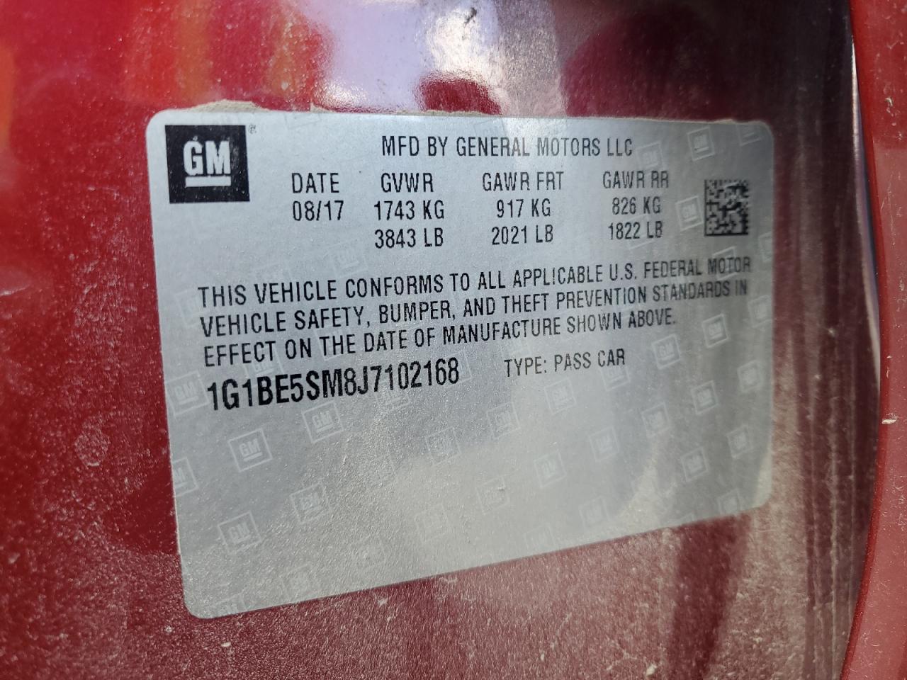 2018 Chevrolet Cruze Lt VIN: 1G1BE5SM8J7102168 Lot: 85180915