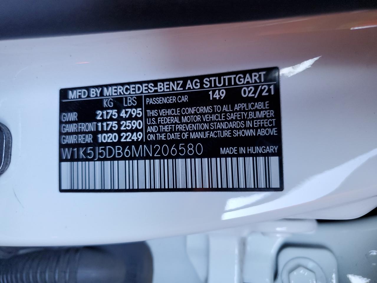 2021 Mercedes-Benz Cla 45 Amg VIN: W1K5J5DB6MN206580 Lot: 85195665