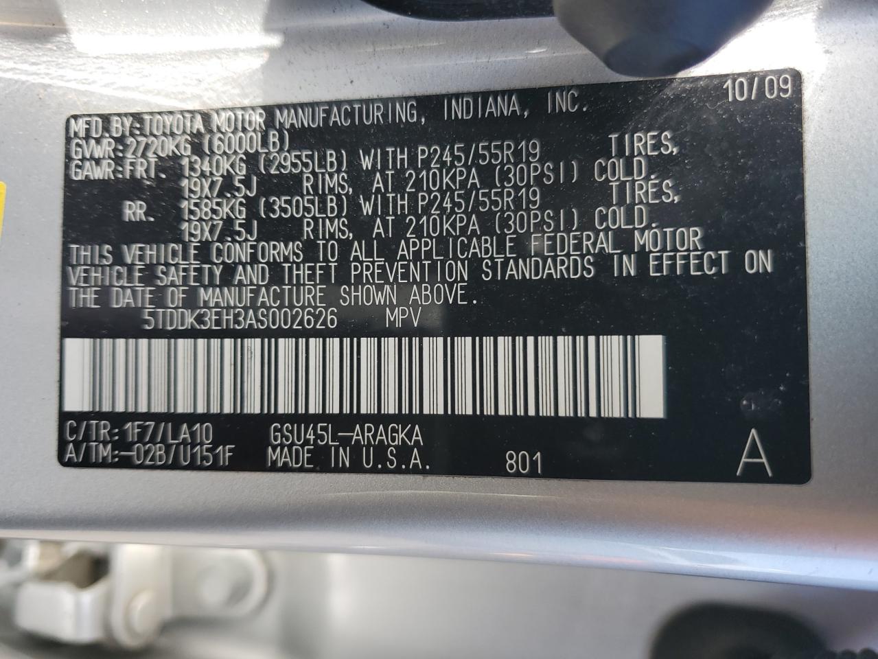 2010 Toyota Highlander Limited VIN: 5TDDK3EH3AS002626 Lot: 85315055
