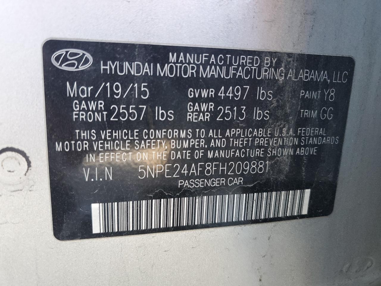 2015 Hyundai Sonata Se VIN: 5NPE24AF8FH209881 Lot: 82408595