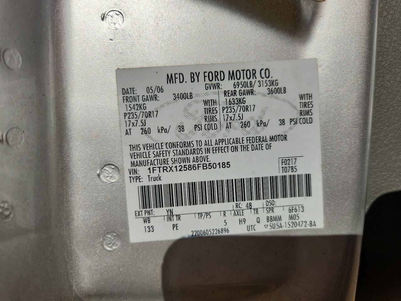 2006 Ford F150 VIN: 1FTRX12586FB50185 Lot: 82366455