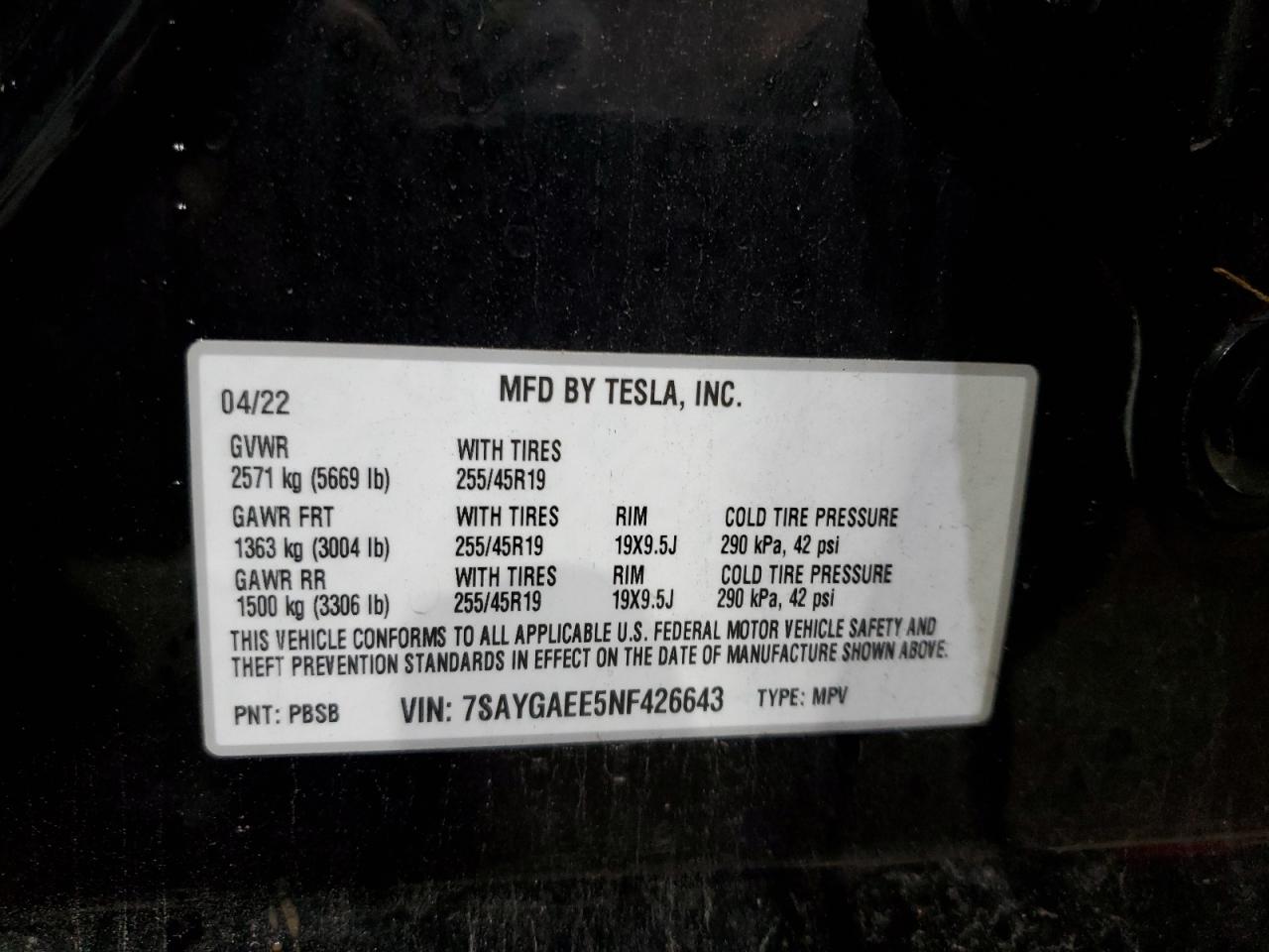 2022 Tesla Model Y VIN: 7SAYGAEE5NF426643 Lot: 90807855