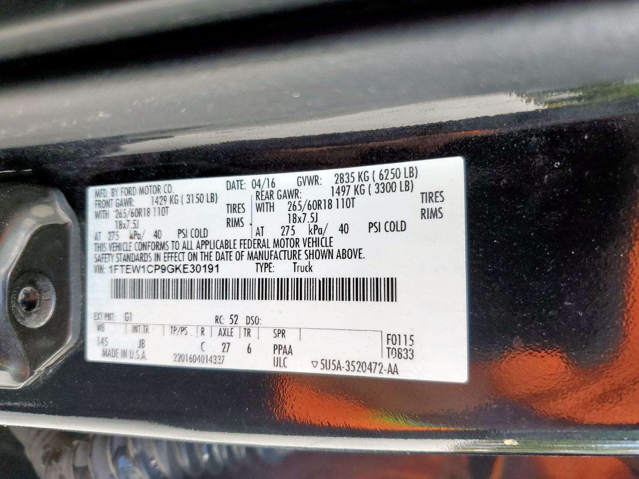 2016 Ford F150 Supercrew VIN: 1FTEW1CP9GKE30191 Lot: 86469705