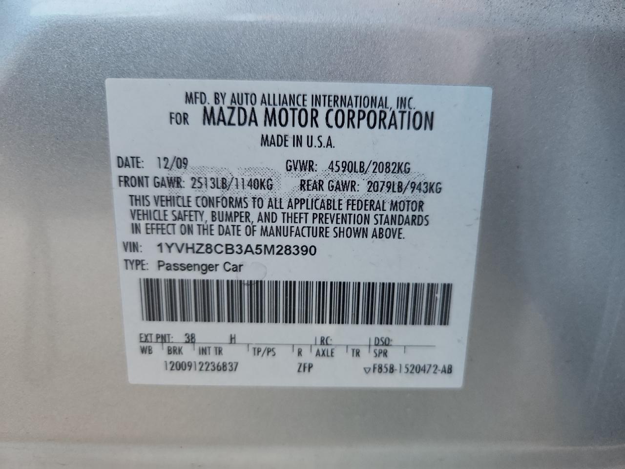 2010 Mazda 6 S VIN: 1YVHZ8CB3A5M28390 Lot: 86768925