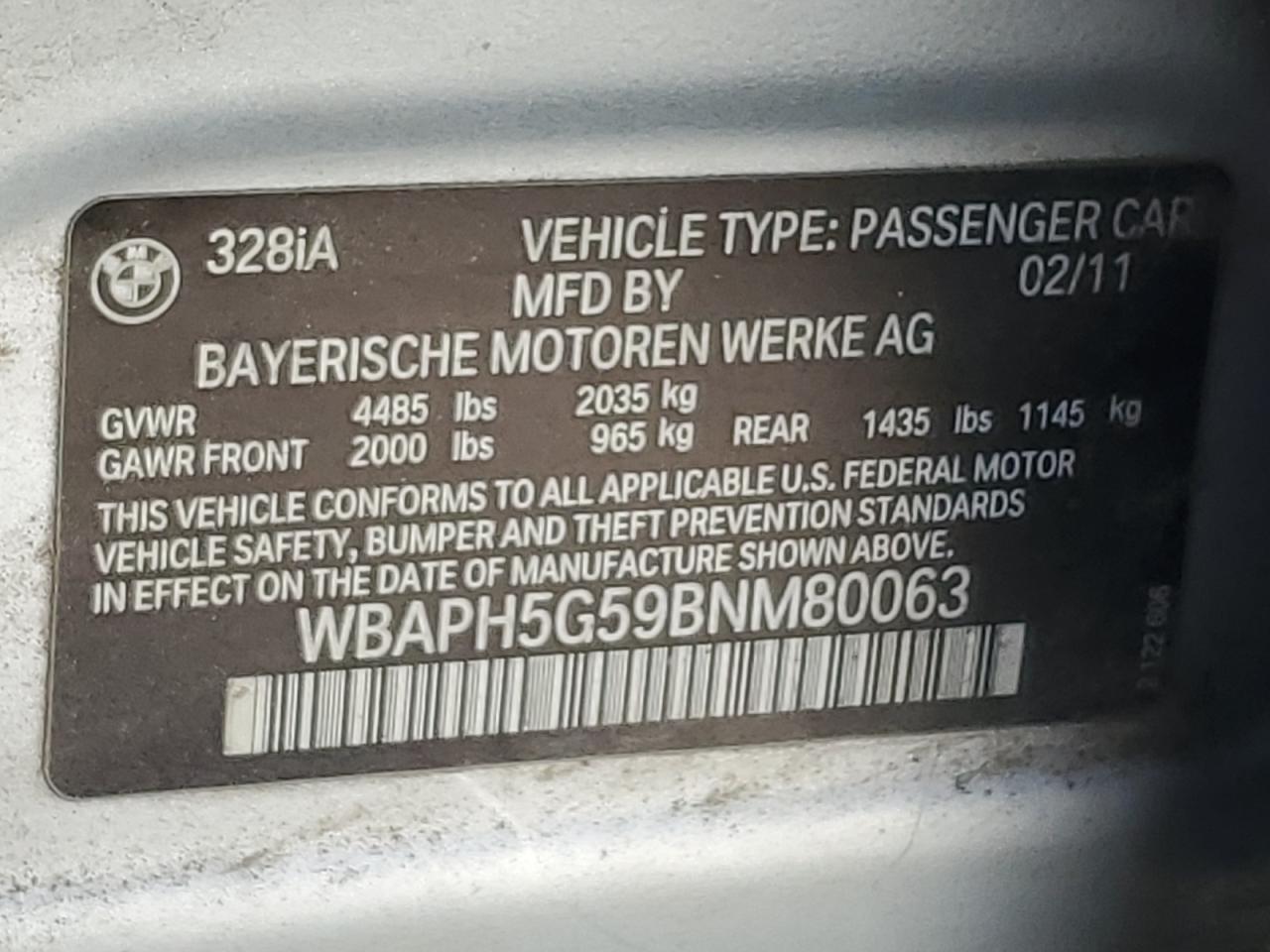 2011 BMW 328 I Sulev VIN: WBAPH5G59BNM80063 Lot: 86606555
