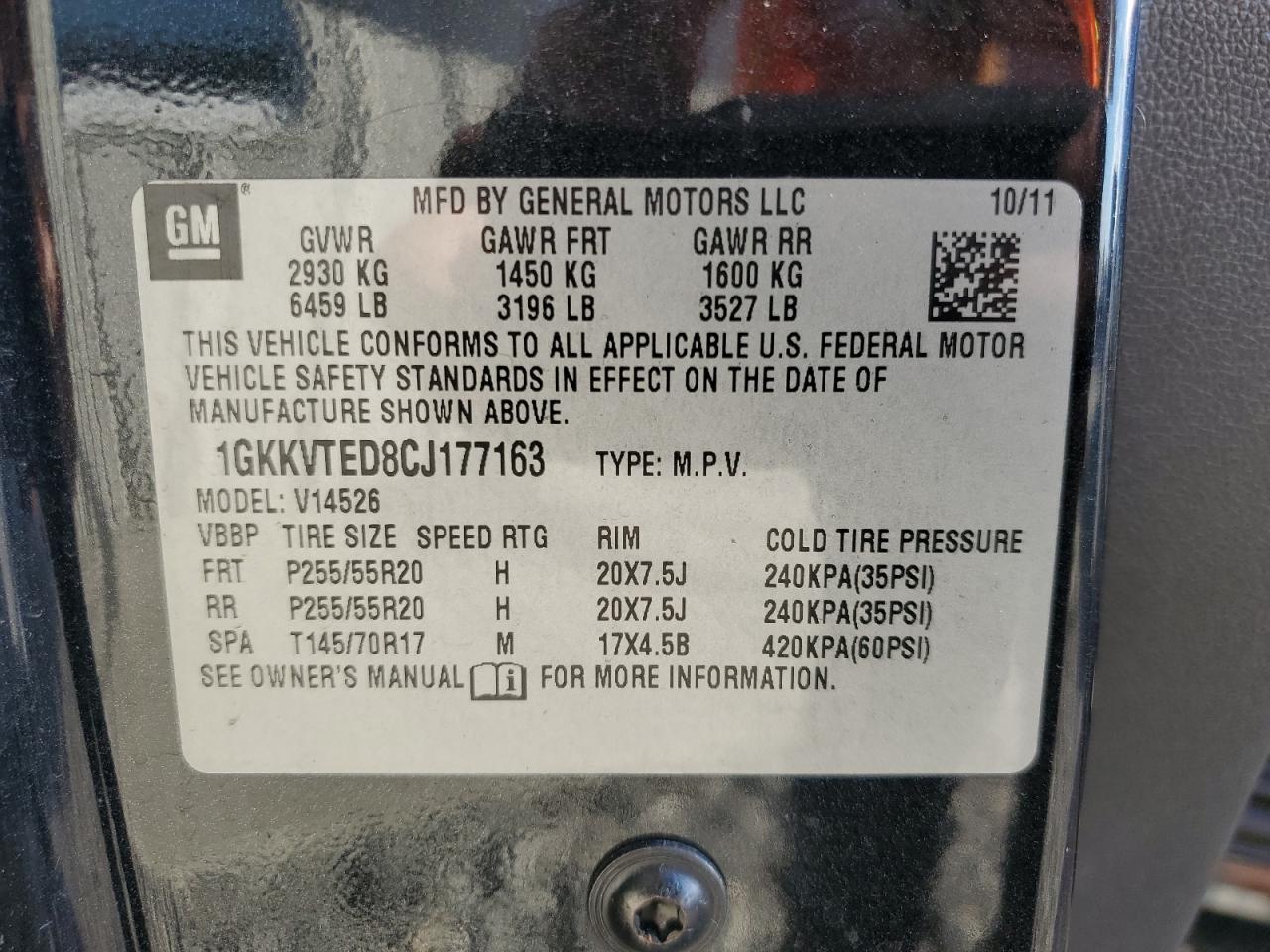 2012 GMC Acadia Denali VIN: 1GKKVTED8CJ177163 Lot: 89726355