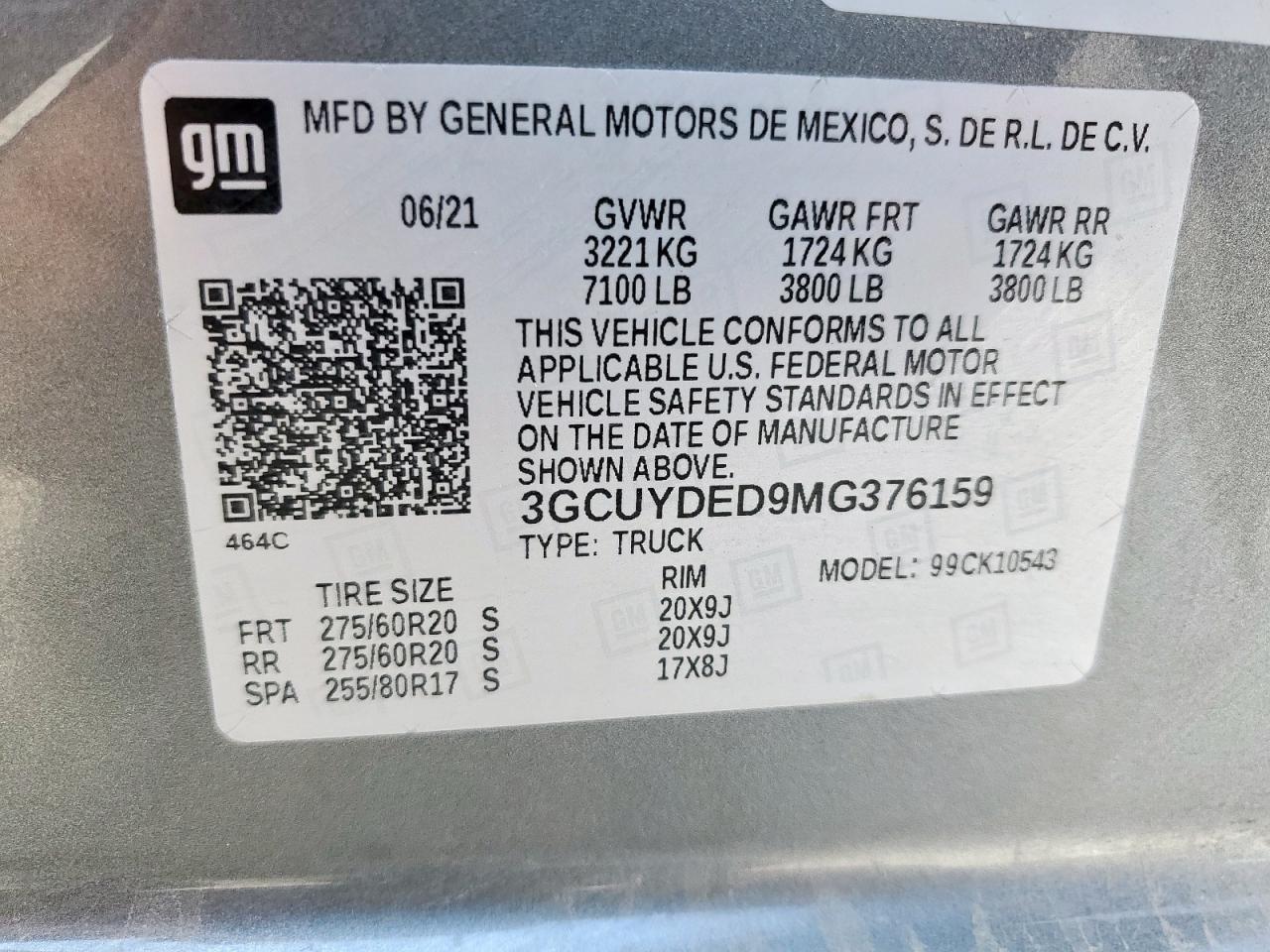 2021 Chevrolet Silverado K1500 Lt VIN: 3GCUYDED9MG376159 Lot: 81714515