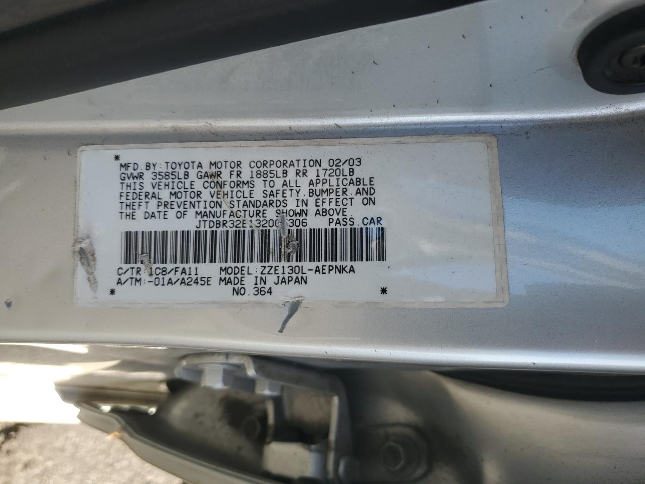 2003 Toyota Corolla Ce VIN: JTDBR32E132005306 Lot: 85154695