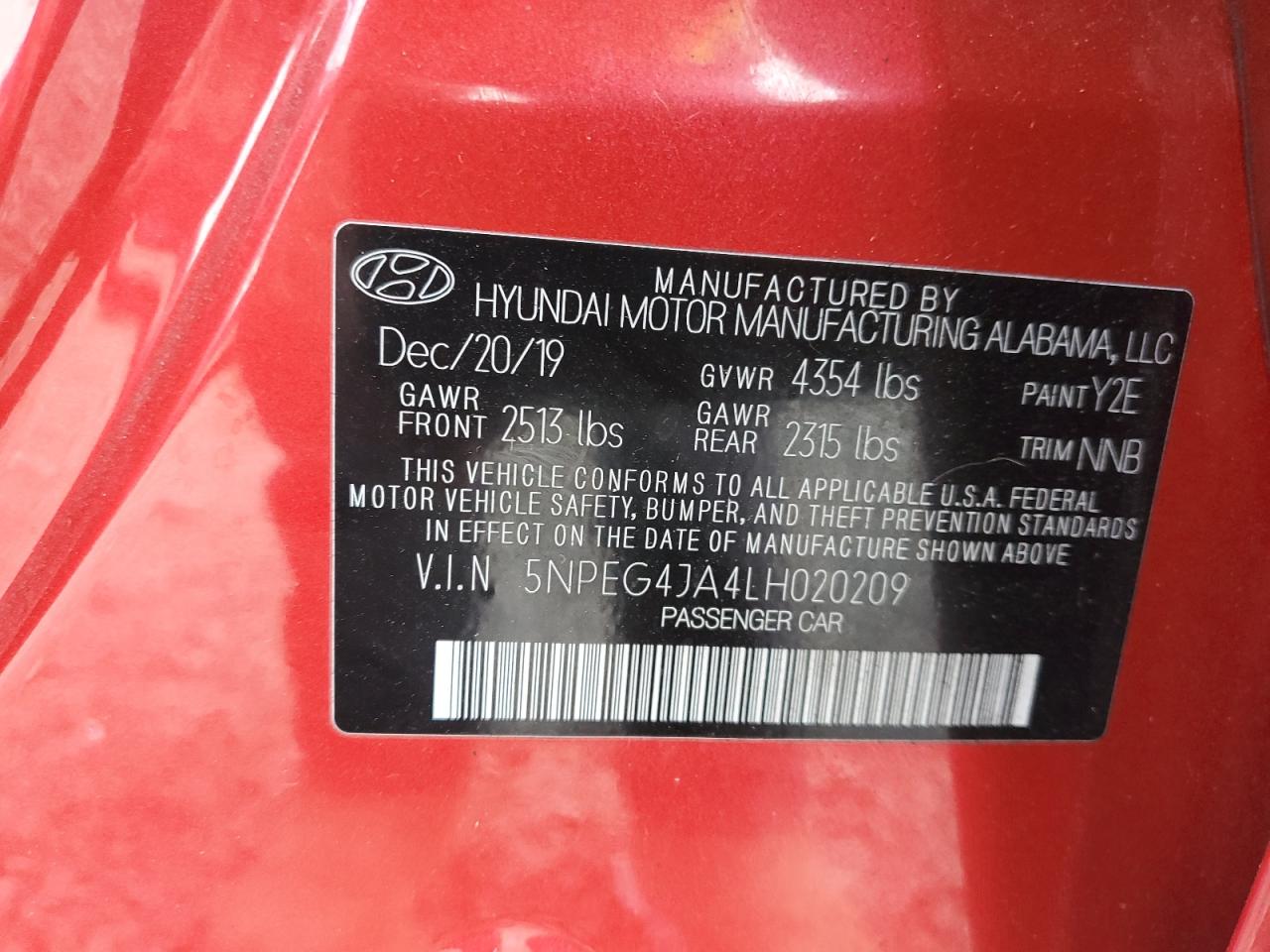 2020 Hyundai Sonata Se VIN: 5NPEG4JA4LH020209 Lot: 89891955