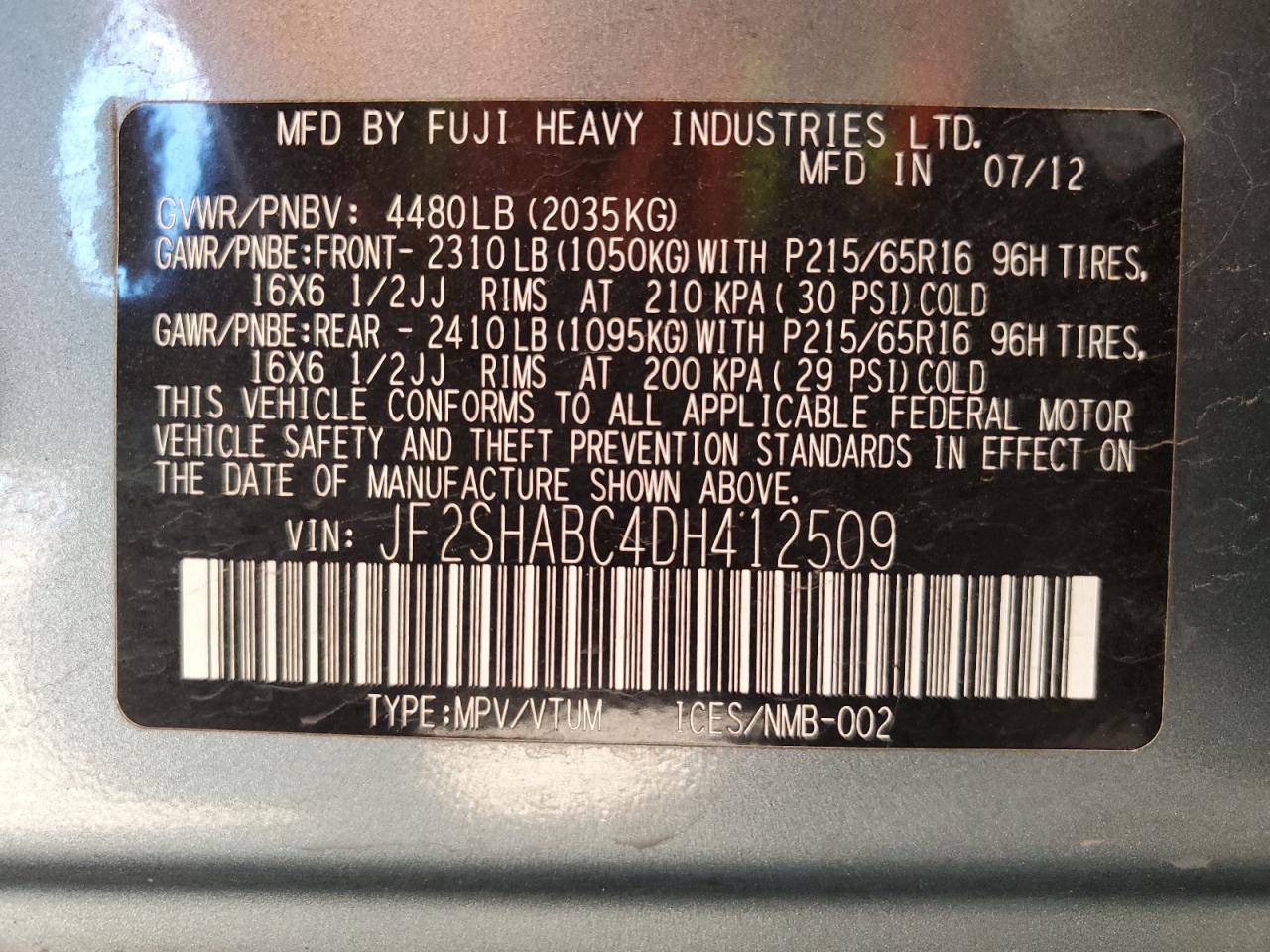 2013 Subaru Forester 2.5X VIN: JF2SHABC4DH412509 Lot: 82421415